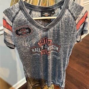 Harley-Davidson Distressed Gray V-Neck Tee with Orange Accents